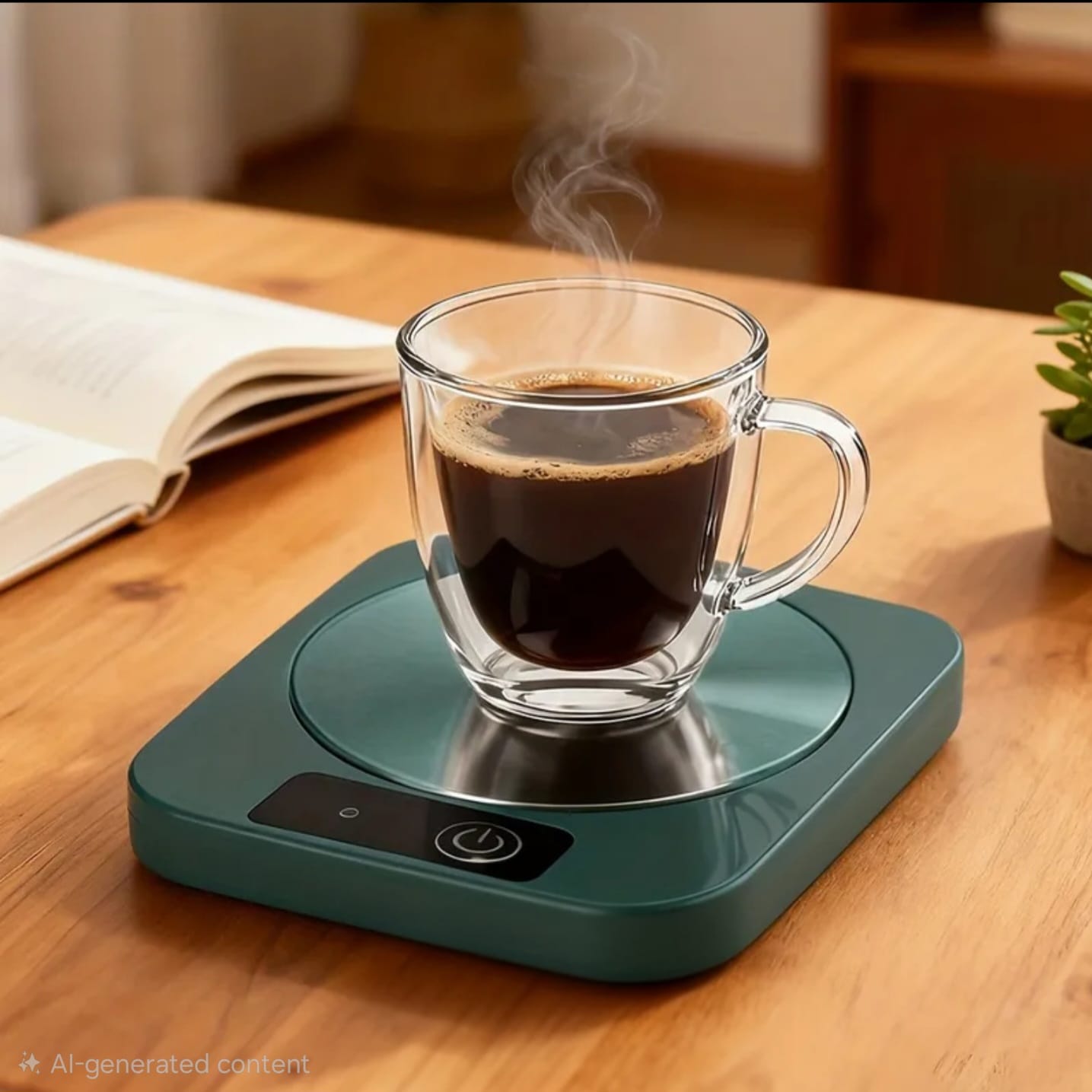 USB mug warmer with temperature control in green color, compact electric cup heater
