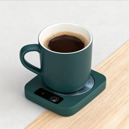 USB mug warmer with temperature control holding a coffee mug, green electric cup heater