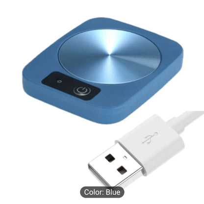 USB mug warmer with temperature control in blue color, compact electric cup heater