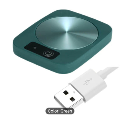 USB mug warmer with temperature control in green color, compact electric cup heater
