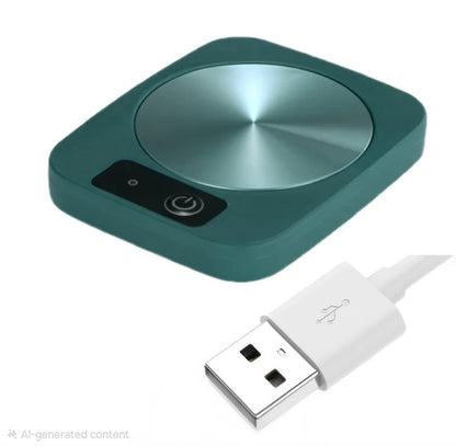 USB mug warmer with temperature control in green color, compact electric cup heater