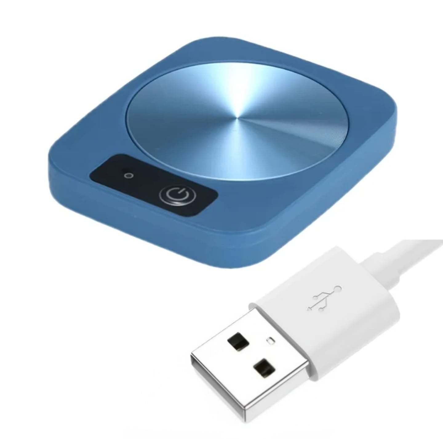 USB mug warmer with temperature control in blue color, compact electric cup heater