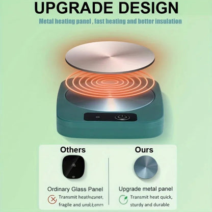 USB mug warmer with temperature control showing upgraded metal heating panel