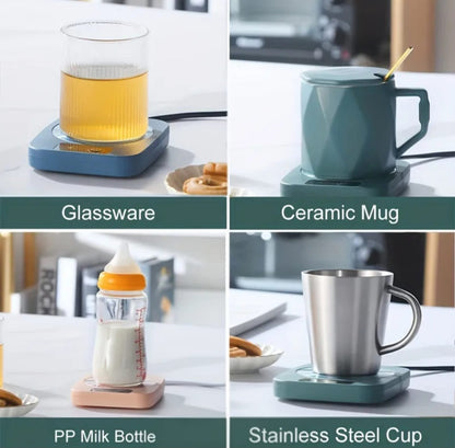 USB mug warmer compatible with glassware, ceramic mugs, stainless steel cups and milk bottles