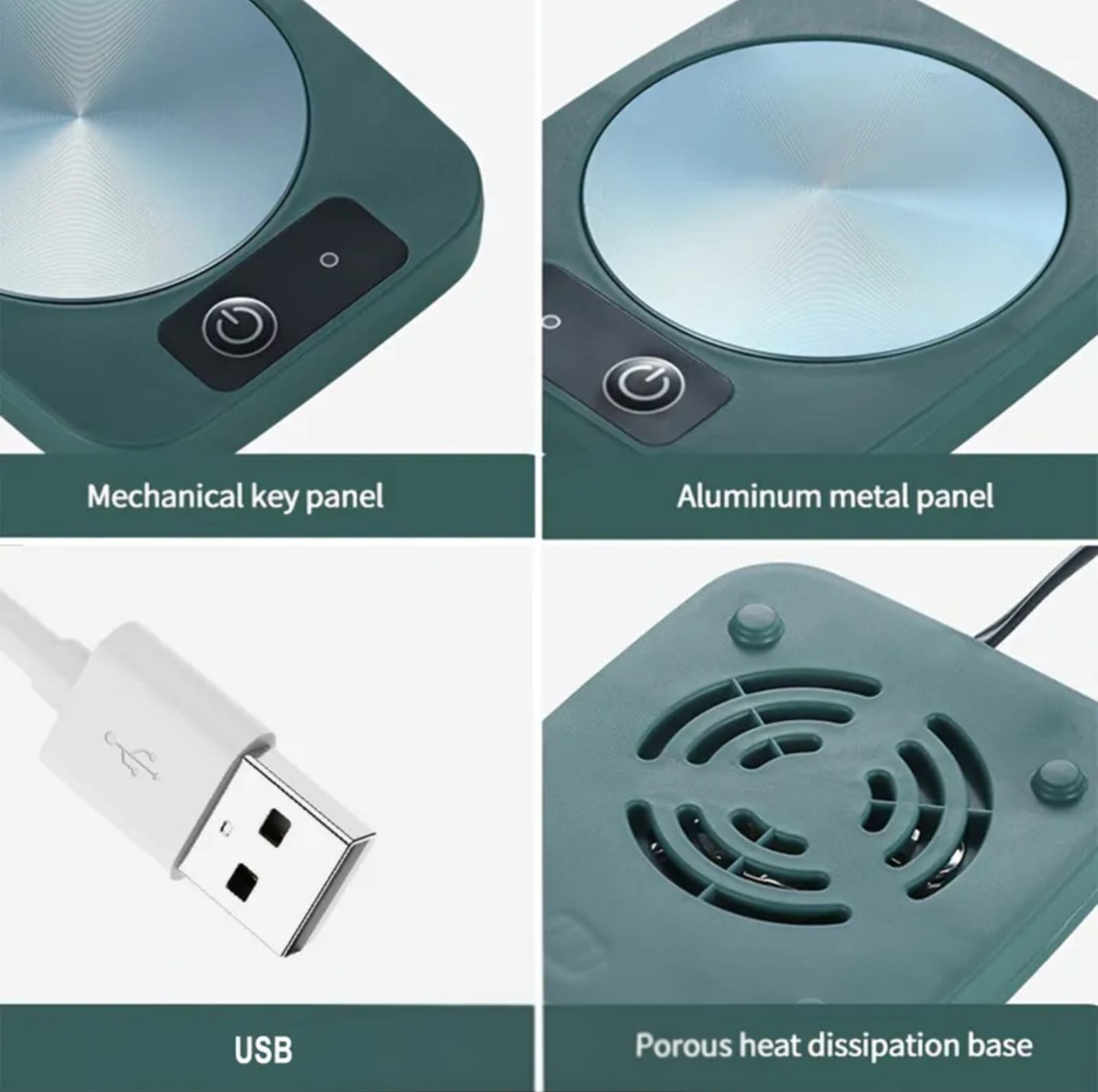 USB mug warmer with aluminum heating plate, power button, USB cable and heat dissipation base