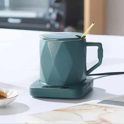 USB mug warmer with temperature control holding a coffee mug, green electric cup heater