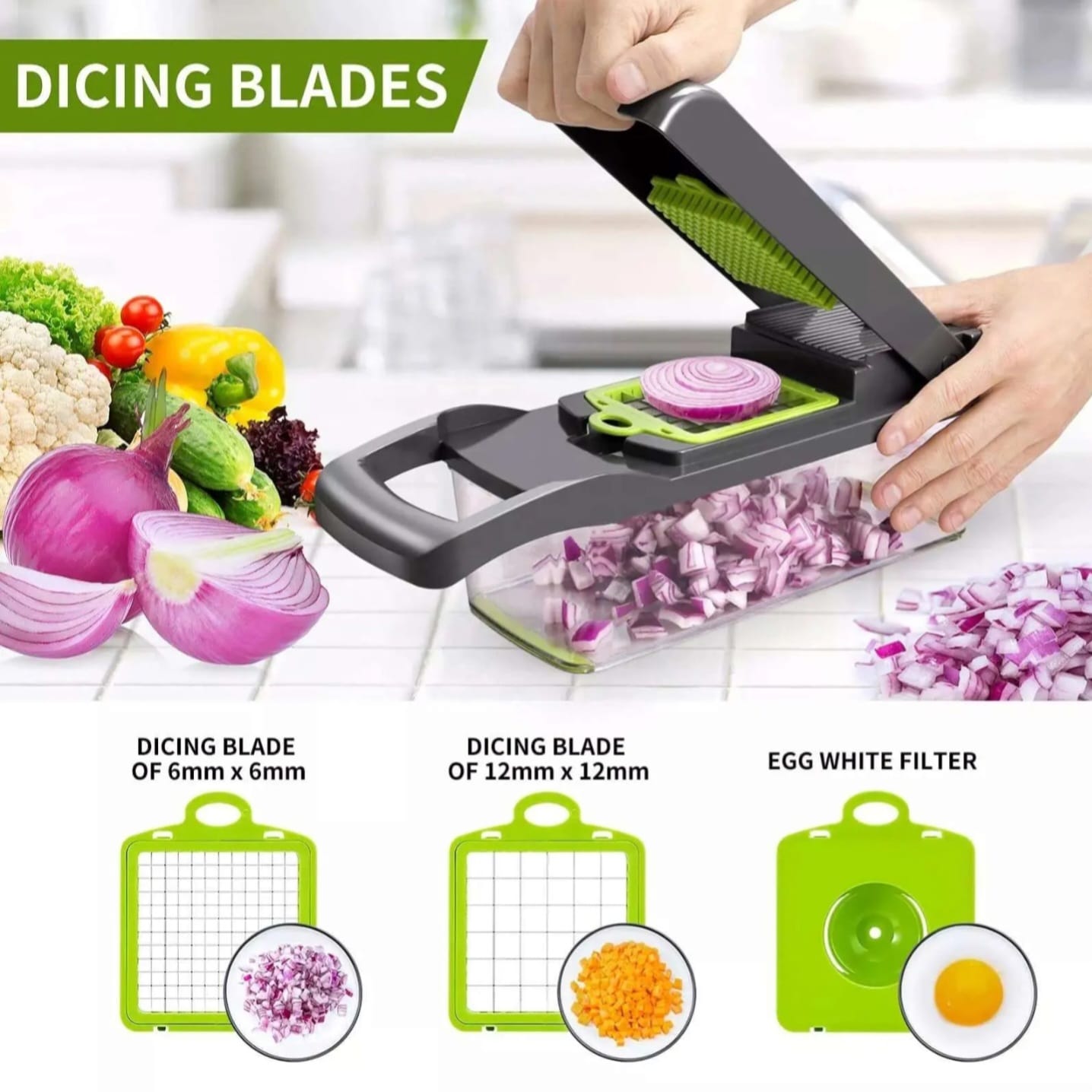 Mandoline vegetable slicer cutting onion