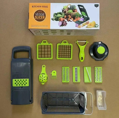 16-in-1 Mandoline Vegetable Chopper Set | Slicer, Grater, Onion Mincer & Shredder (Grey-Green)