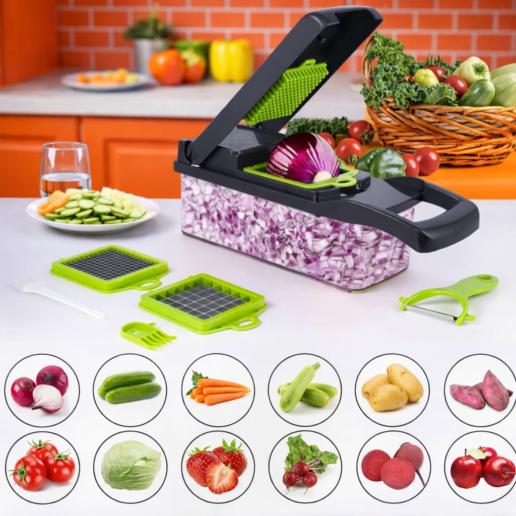 16 in 1 mandoline vegetable chopper with container and interchangeable blades on kitchen counter