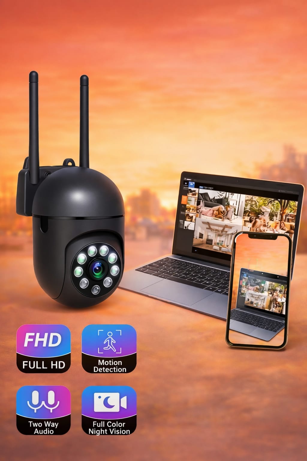 1080P outdoor WiFi security camera with dual antennas, night vision LEDs and mobile app viewing on phone and laptop