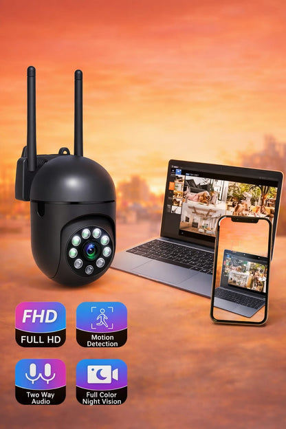1080P outdoor WiFi security camera with dual antennas, night vision LEDs and mobile app viewing on phone and laptop