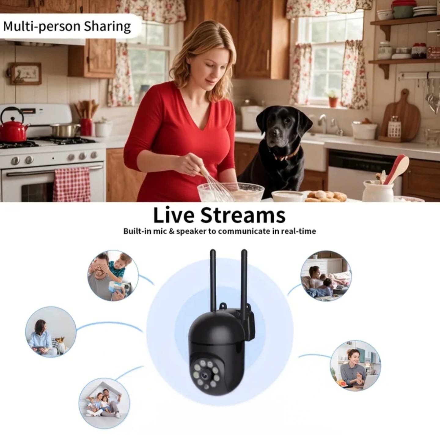 Outdoor WiFi security camera with live streaming view shared across multiple devices