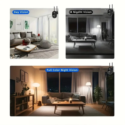 Security camera image showing day vision, infrared night vision and full color night vision modes
