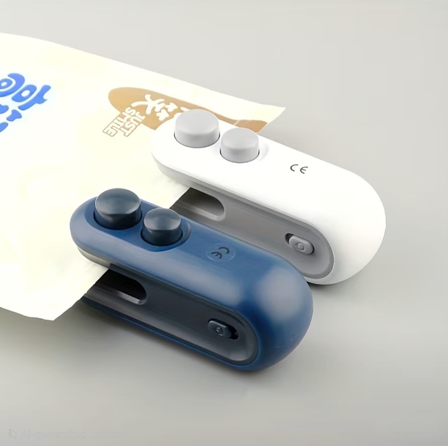 USB rechargeable bag sealer with cutter, blue and white versions shown on a light background