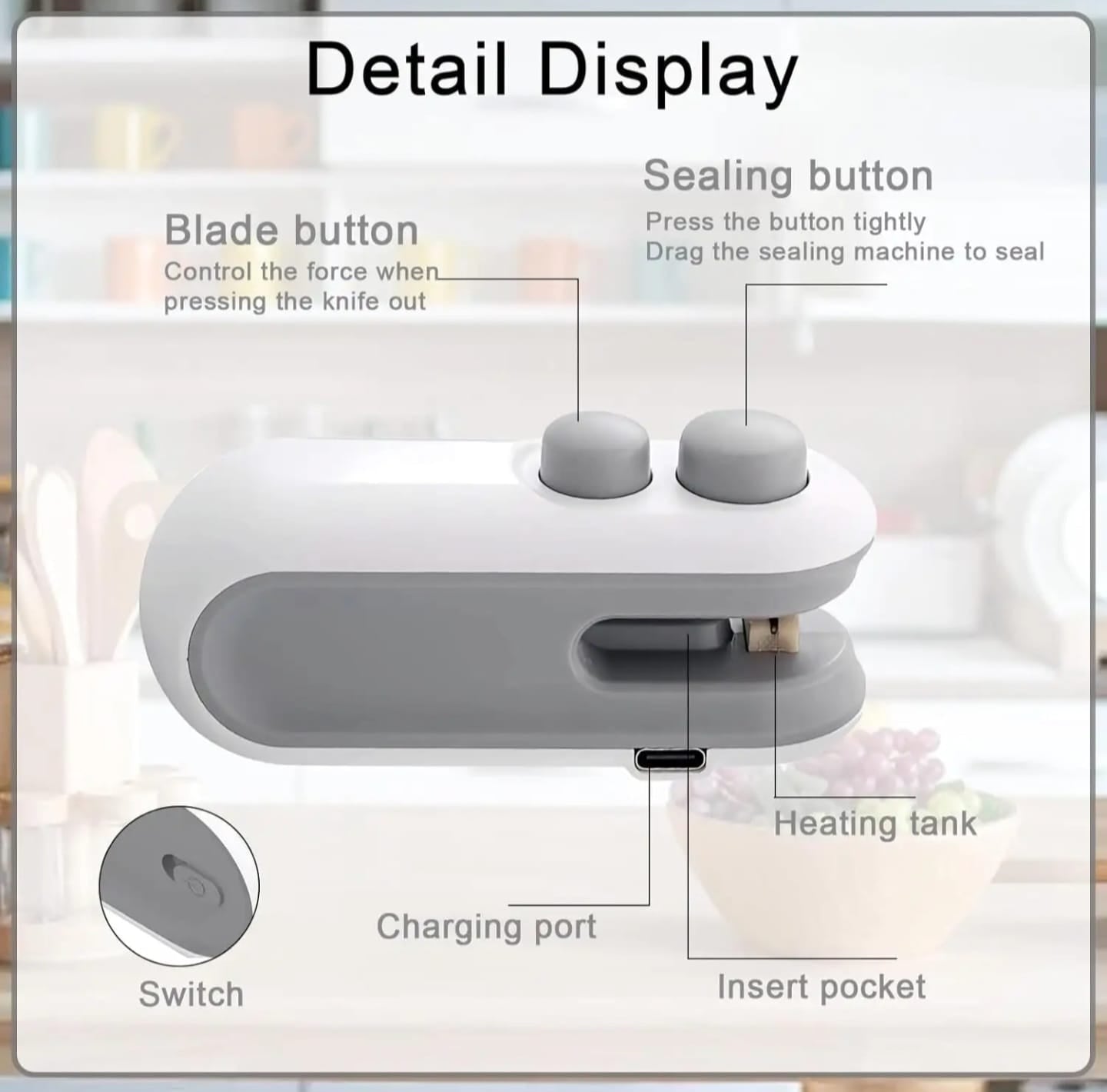 USB bag sealer with cutter showing labeled parts including sealing button, blade button, charging port and heating element