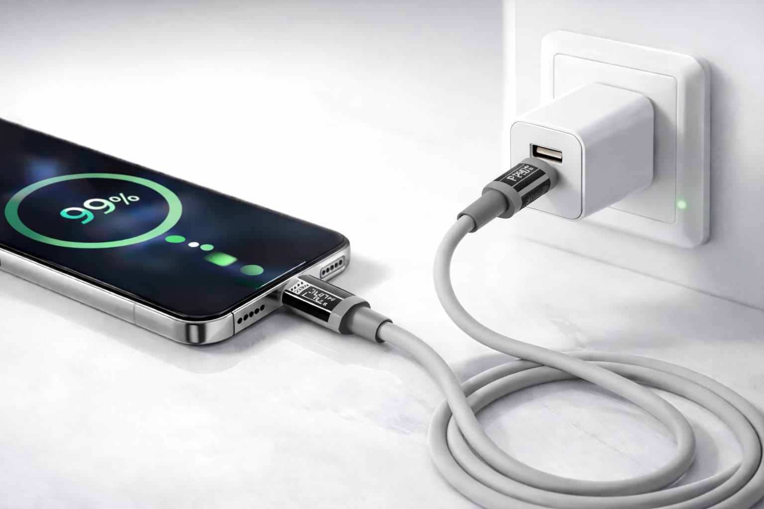 Smartphone charging using a USB-A to Type-C cable connected to a wall charger