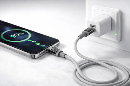Smartphone charging using a USB-A to Type-C cable connected to a wall charger