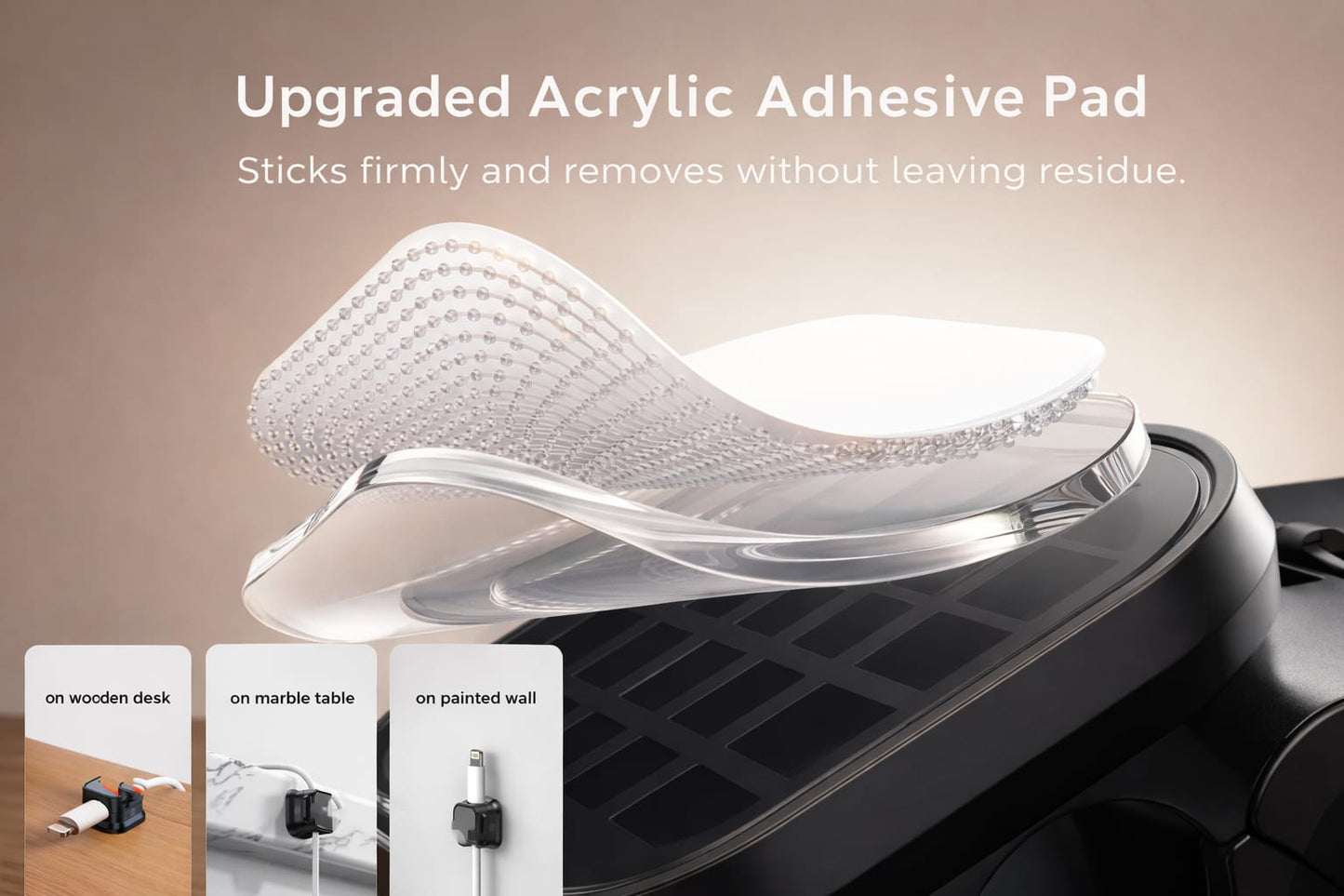 Upgraded acrylic adhesive pad for magnetic cable organizer shown close up