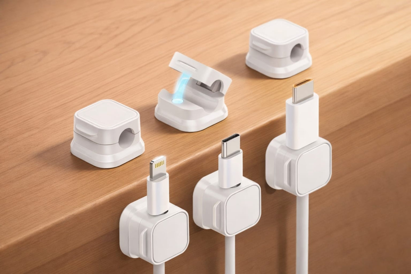 White magnetic cable organizer clips holding charging cables on a wooden desk