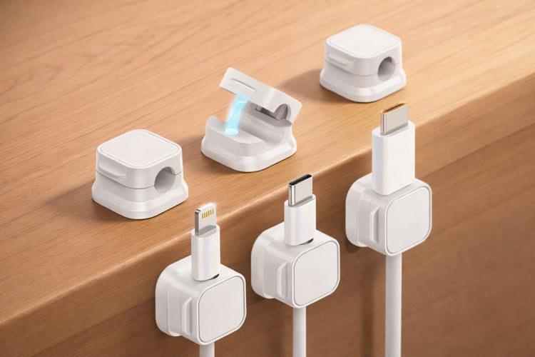 White magnetic cable organizer clips holding charging cables on a wooden desk