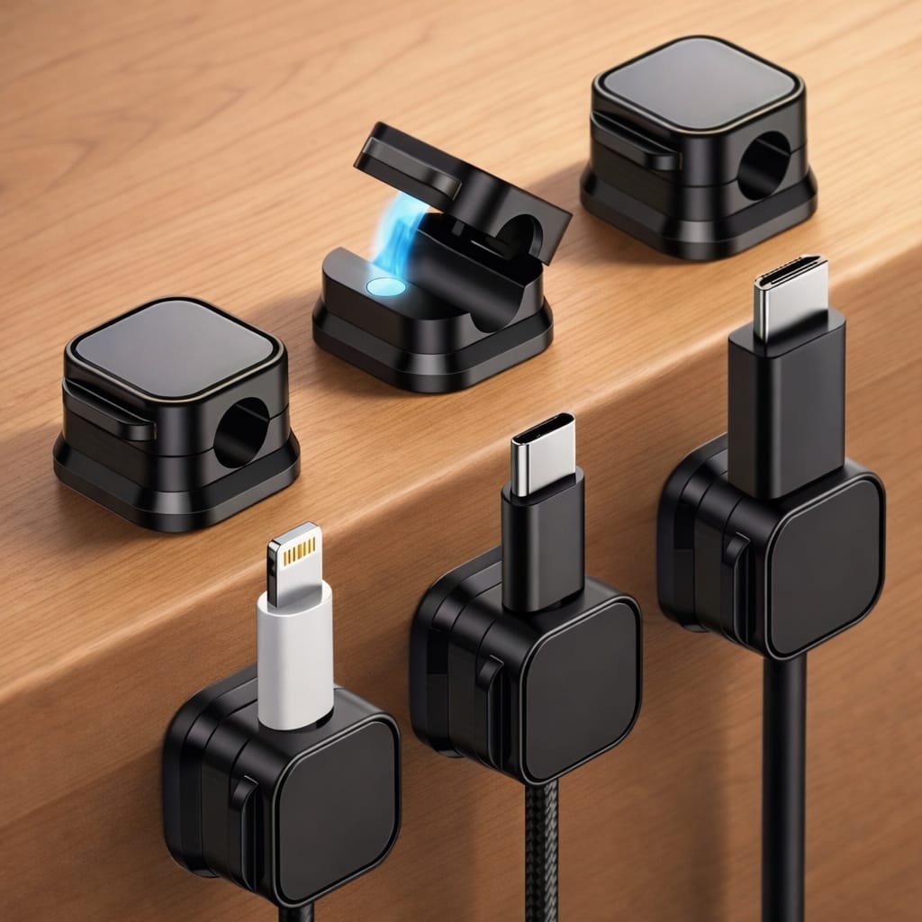 Black magnetic cable organizer clips holding charging cables on a wooden desk