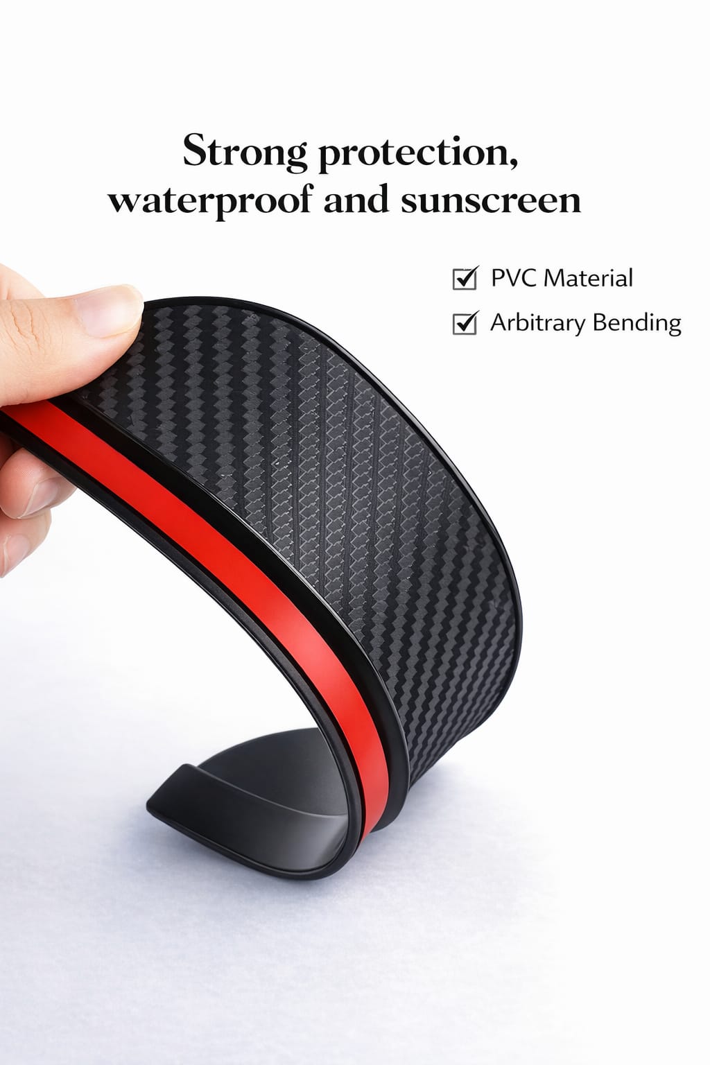 Carbon style car side mirror rain visor showing waterproof and flexible PVC material