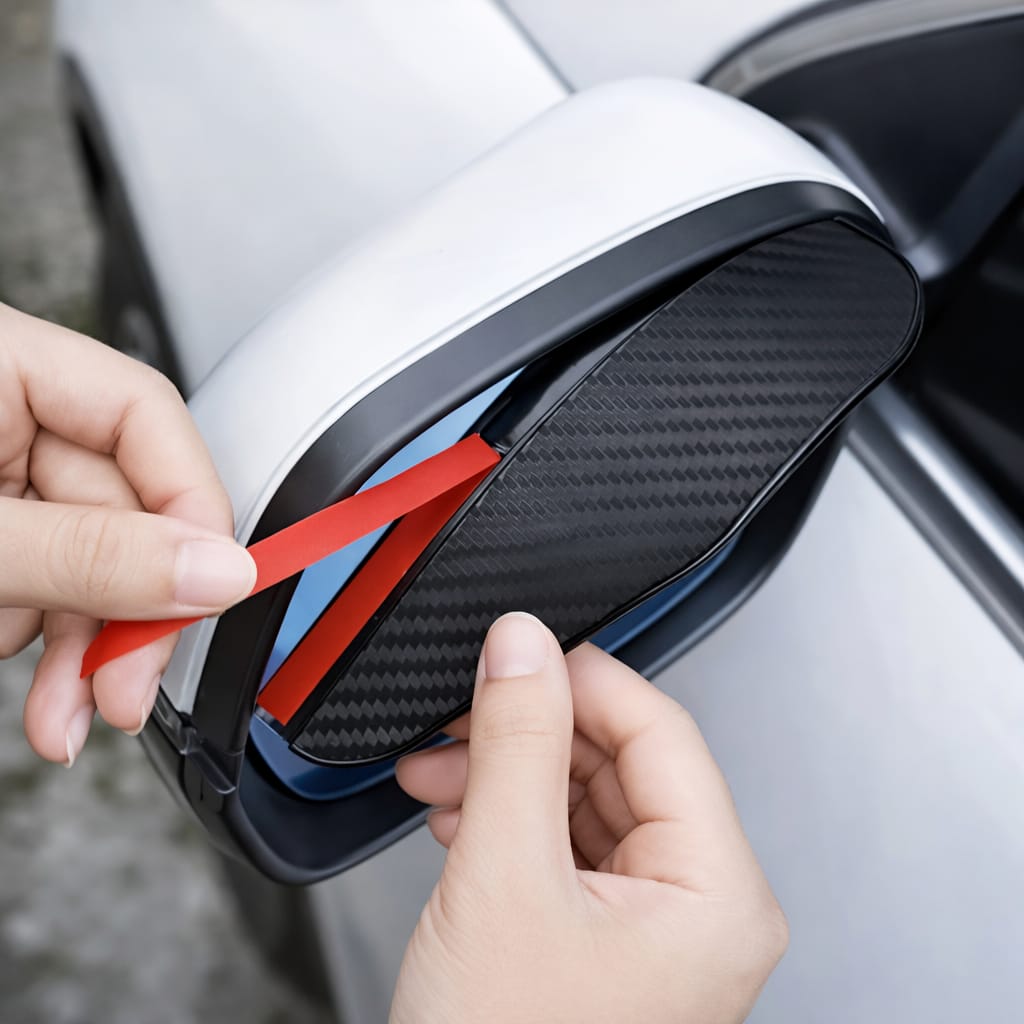 Installing carbon style rain visor on car side mirror using adhesive strip