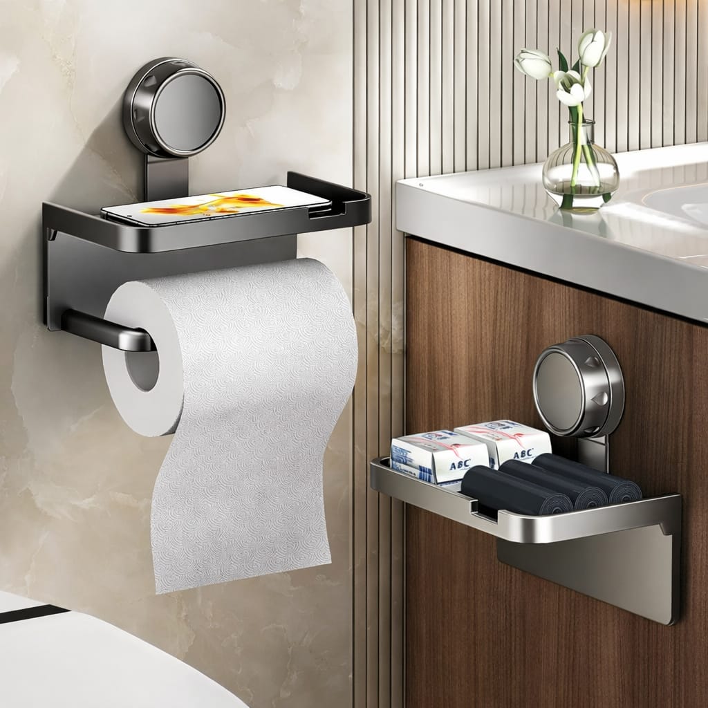 Wall-mounted toilet paper holder with storage shelf installed in a modern bathroom, showing dual installation with accessories and toilet paper roll