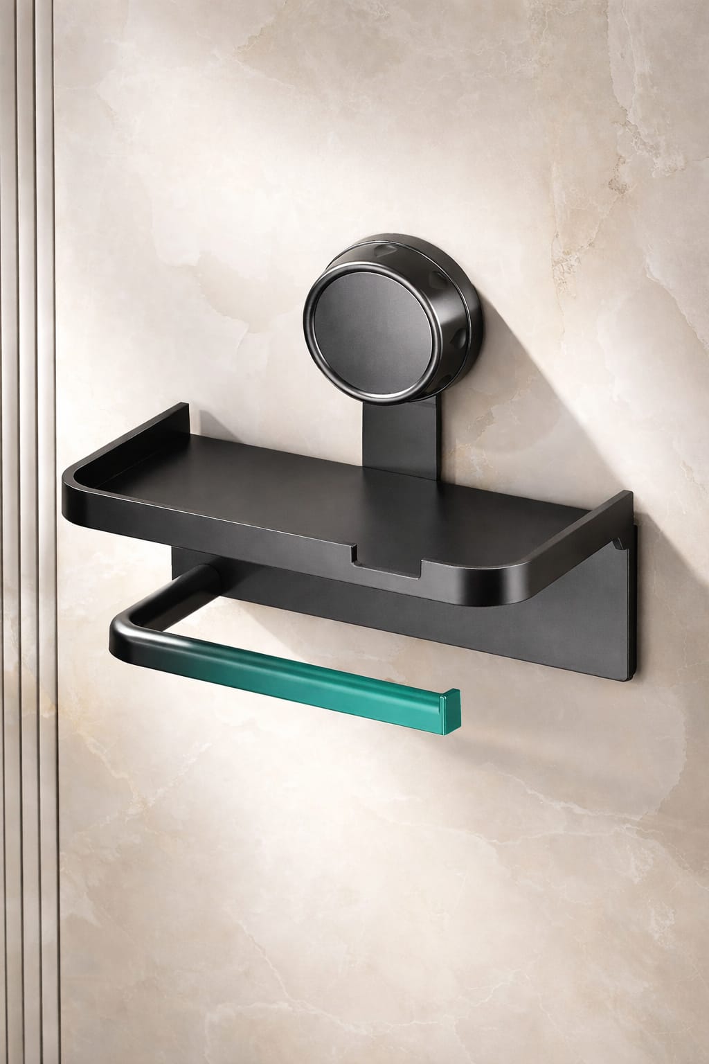 Wall-mounted toilet paper holder with storage shelf and towel bar, modern grey bathroom accessory installed on light wall