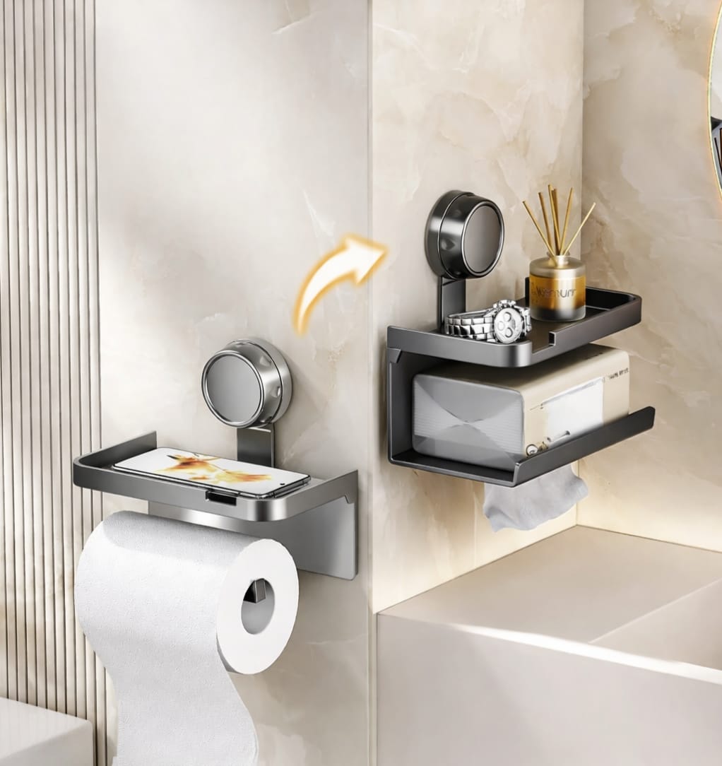 Wall-mounted toilet paper holder with storage shelf showing installation upgrade, modern bathroom organizer with adhesive mount