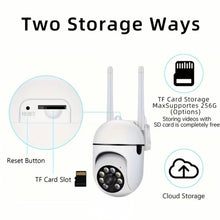 Security camera showing two storage options: TF card slot up to 256GB and cloud storage support